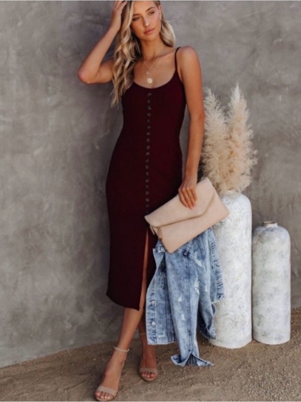 Vici Burgundy Ribbed Button-Front Midi Dress